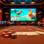 Exciting đá gà trực tiếp event captured in a luxurious casino setting with real-time betting.