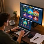 Engaged player using SAOBET for online gambling at home with exciting game visuals.