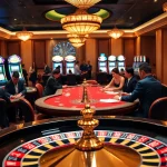 A thrilling gambling experience at https://red88.codes/ showcasing poker tables, roulette wheel, and vibrant slot machines.