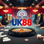 UK88 casino table with poker chips and cards, highlighting excitement in a luxurious setting.