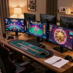 UK88 online gaming setup showcasing strategic gameplay on multiple screens in a cozy home office.