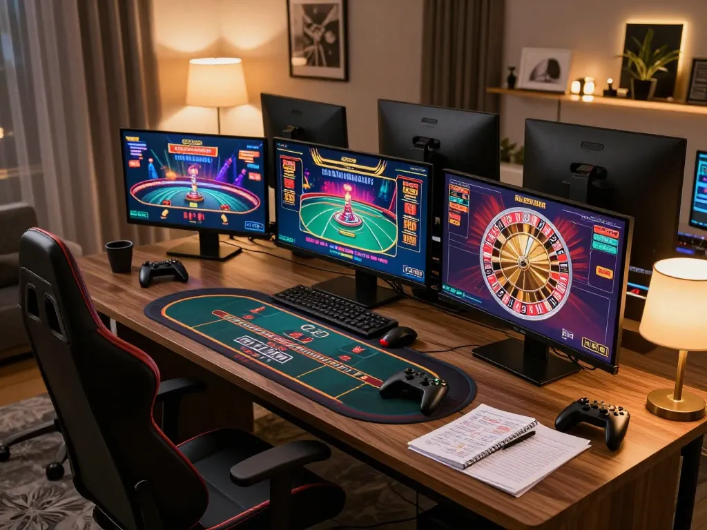 UK88 online gaming setup showcasing strategic gameplay on multiple screens in a cozy home office.