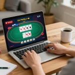 A person enjoying online casino gaming at home with https://88bet.zone/ showcasing poker gameplay on the laptop.