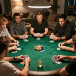 Kkwin players enjoying a friendly poker game in a cozy home setting, showcasing strategic interaction and excitement.