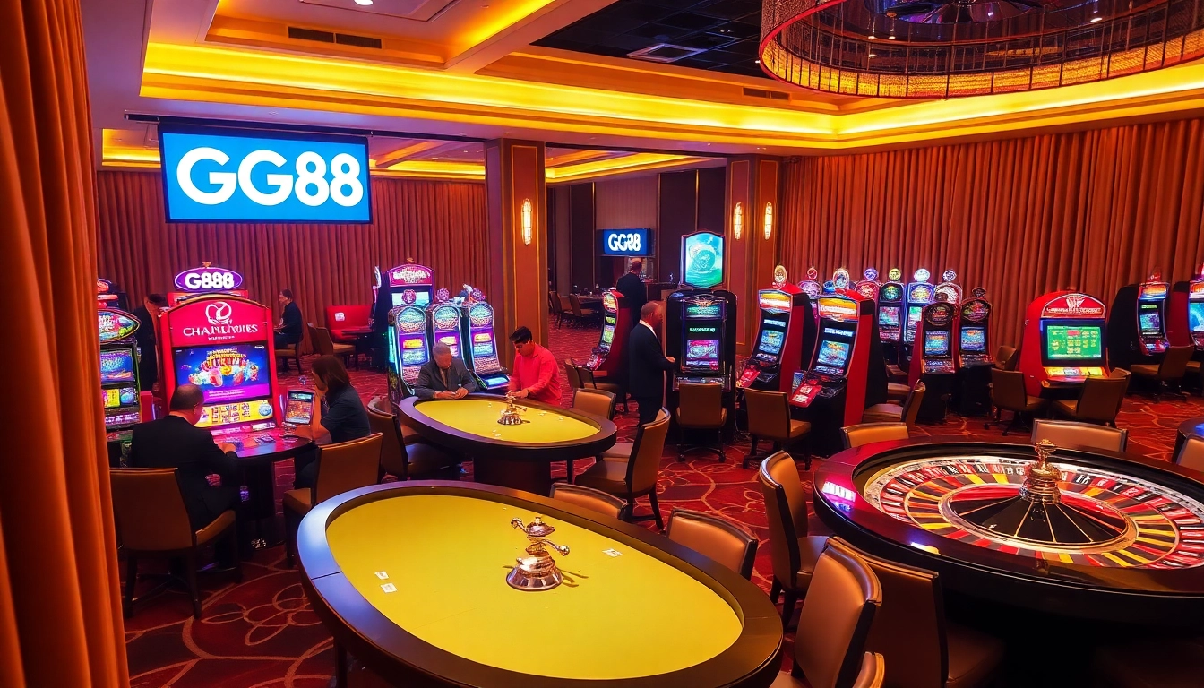 Experience the excitement of GG88 with vibrant gaming tables and lively player engagement in a luxurious casino setting.