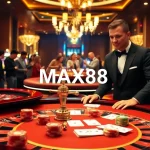 Experience the thrill of MAX88 at a luxurious casino table, surrounded by vibrant slot machines and eager players.