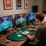 FABET user engaging in strategic poker gameplay on multiple screens