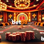 Experience the thrill of Bet88 com at an elegant poker table filled with action, chips, and cards.