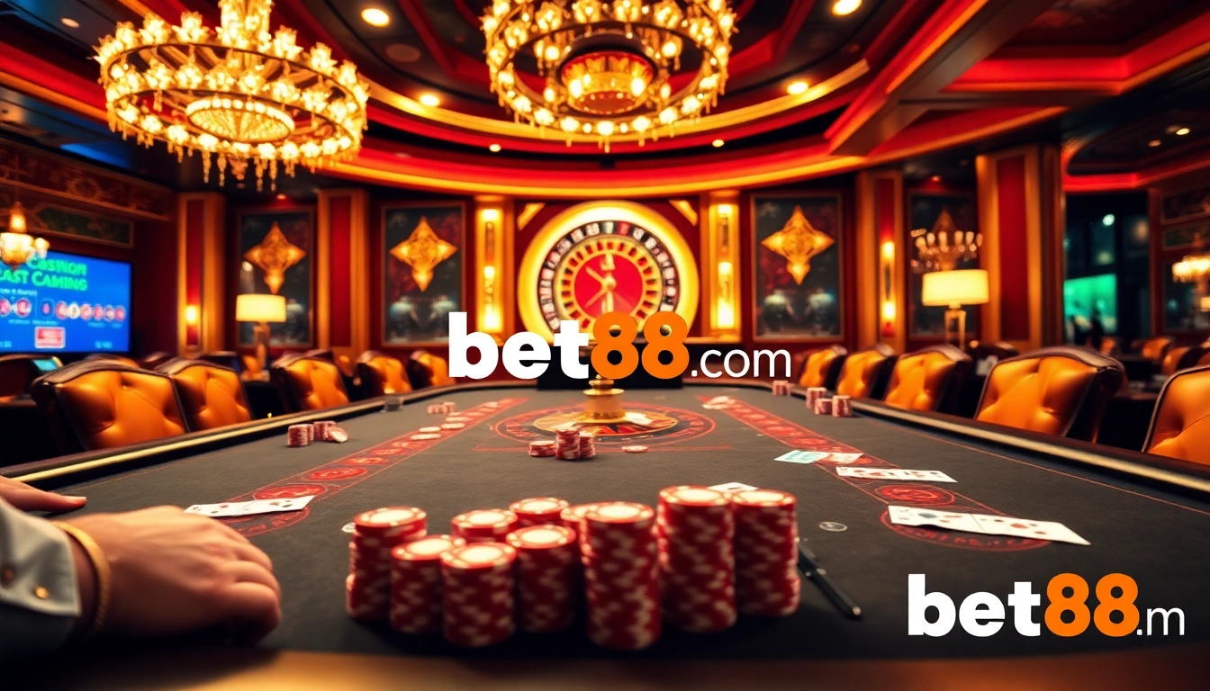Experience the thrill of Bet88 com at an elegant poker table filled with action, chips, and cards.
