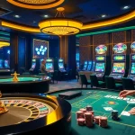Players engaging in thrilling games at TG88 casino, showcasing vibrant slot machines and a roulette table.