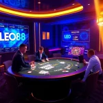 LEO88 showcases an engaging online poker experience with vibrant chips and strategic play.