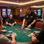 Experience intense gameplay at lc88 casino with players engaging in blackjack under warm ambient lighting.