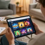 Engaged user exploring CM88 casino app on tablet in cozy home setting