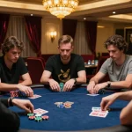 Nohu poker players engaged in a high-stakes game, with dramatic lighting capturing the tension and excitement.