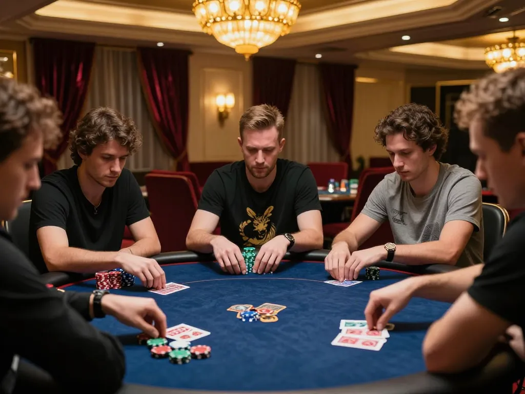 Nohu poker players engaged in a high-stakes game, with dramatic lighting capturing the tension and excitement.