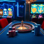 Exciting gaming atmosphere at Sky88 casino with vibrant tables and roulette wheel.