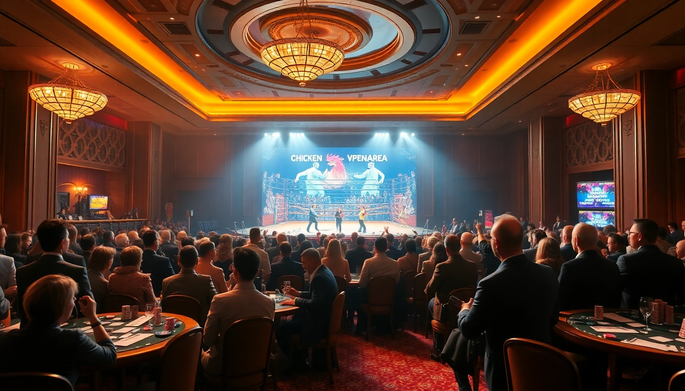 Experience intense đá gà trực tiếp live matches, showcasing thrilling chicken fights in a luxurious casino setting.