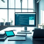 A modern digital translation office showcasing 有道 software on a sleek desktop.