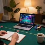 Engaged player strategizing poker game on cm88 platform at home with vibrant screen