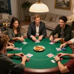 The excitement of friends playing poker with the ONE88 APP in a cozy home setting, showcasing chips, cards, and snacks.