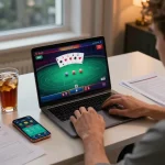 SIN88 player strategizing in an online poker game with focused concentration and mobile betting tools.