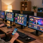 Player strategizing their game on nk88.com in a cozy online setup with multiple screens.