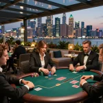 Engaging in high-stakes gameplay at Lu88 online poker night with city views.