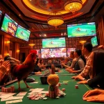 Enjoy the excitement of đá gà trực tiếp as spectators watch intense matches unfold in a vibrant casino setting.