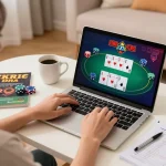 Engaged player exploring CM88 online casino poker games on a cozy laptop setup.