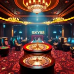 Gamblers enjoying a thrilling game atmosphere at SKY88 casino with roulette and slot machines.