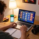 The user enjoys an engaging home gaming experience on the 9 bet platform with colorful slots displayed.
