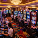 Players enjoying thrills at ta88pro.com slot machines in a lively casino environment.