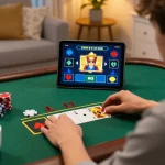 Player strategically betting on 9BET live dealer blackjack at home, creating an engaging online gaming atmosphere