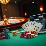 RR88 online casino scene with luxurious poker chips and a roulette wheel evoking excitement.