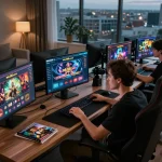 Player engaging with nk88.com online casino interface, showcasing strategy in a professional gaming setup