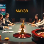 MAY88 features an exquisite poker game with vibrant chips and a glowing roulette wheel in a luxurious casino setting.