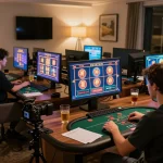 Hitclub player enjoying strategic online gambling with multiple game screens in a stylish home setup.