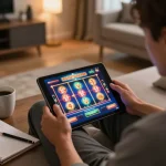 Engaging in vibrant online gaming at https://ta88at.com/ with colorful slots and strategic betting notes nearby.