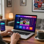 Person enjoying sports betting with NET88 displayed on a laptop in a cozy home office.