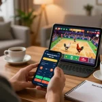 Engaging online betting scene featuring dagatructiep thomo hôm nay with a player using smartphone for live chicken fights.