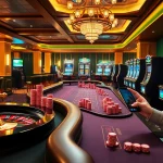 Experience luxury gaming with SKY88US, featuring vibrant poker chips and roulette wheels in a modern casino.