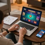 Engaging in online casino gameplay with Bu88 casino app displayed on laptop in a cozy living room setting