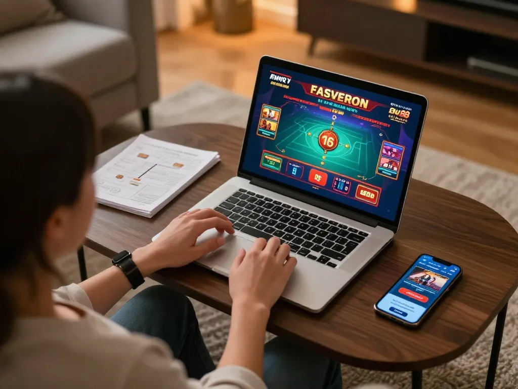 Engaging in online casino gameplay with Bu88 casino app displayed on laptop in a cozy living room setting