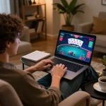 Engaging with FABET LIVE poker game on a laptop in a cozy home setting, showcasing strategic gameplay.
