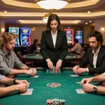 Players enjoying intense poker action at a deluxe casino table, showcasing b52club experience with strategic gameplay and focused expressions