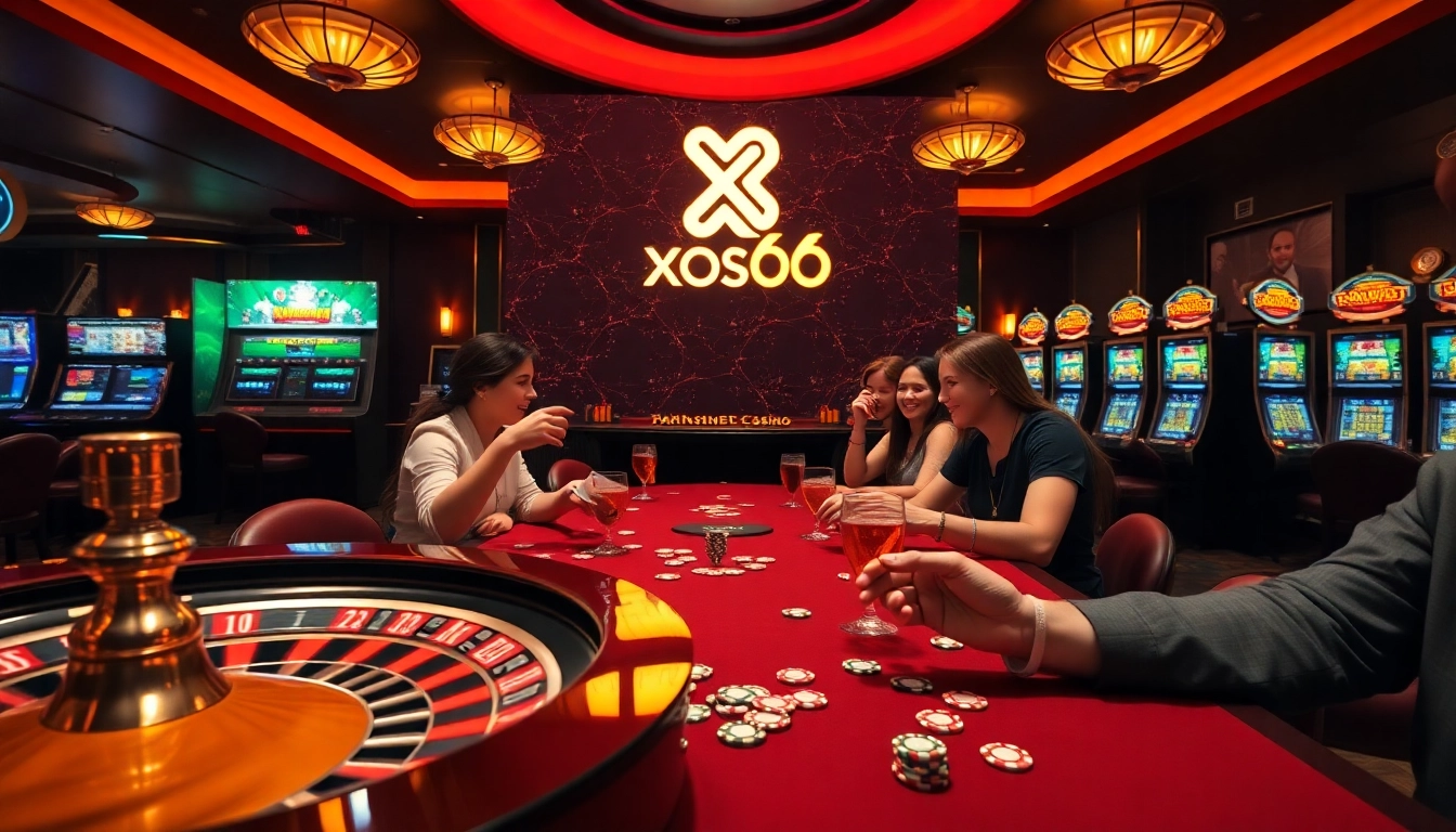 Players enjoying the thrill of xoso66 casino games with vibrant slot machines and roulette.