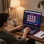 Person engaging in online casino gaming on F168 platform, showing vibrant slot game