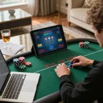 aa888 poker gameplay at home, showcasing strategic decision-making with tablet and chips