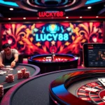 LUCKY88 casino scene with players at poker tables and a spinning roulette wheel.