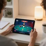 Player enjoying five88 online poker, immersed in strategic gameplay with tablet and notes